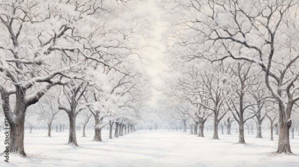 a painting of a snowy landscape with trees and snow - covered ground in the foreground and a gray sky in the background. a painting of a snowy landscape with trees and snow - covered ground in the foreground and a gray sky in the background.