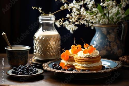 stylist and royal Quick homemade breakfast with pancakes and cream in a clay jar, space for text