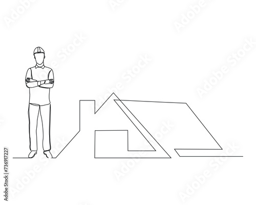 Continuous single line sketch drawing of building foreman worker and house home real estate. One line art of architect holding design paper of building vector illustration.