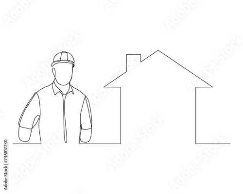 Continuous single line sketch drawing of building foreman worker and house home real estate. One line art of architect holding design paper of building vector illustration.