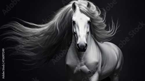 a black and white photo of a horse with its hair blowing in the wind and it s head turned to the side.