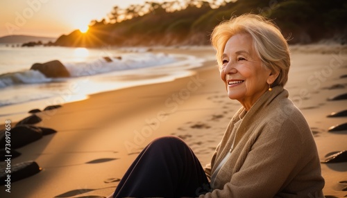 Senior Woman Enjoying Sunset on Beach, Peaceful Retirement Concept