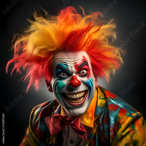 Portrait of a funny clown with colorful hair on a dark background