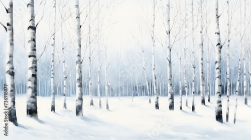 a painting of a snow covered forest with lots of trees in the foreground and a blue sky in the background.