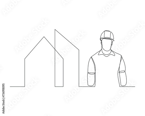 Continuous single line sketch drawing of building foreman worker and house home real estate. One line art of architect holding design paper of building vector illustration.