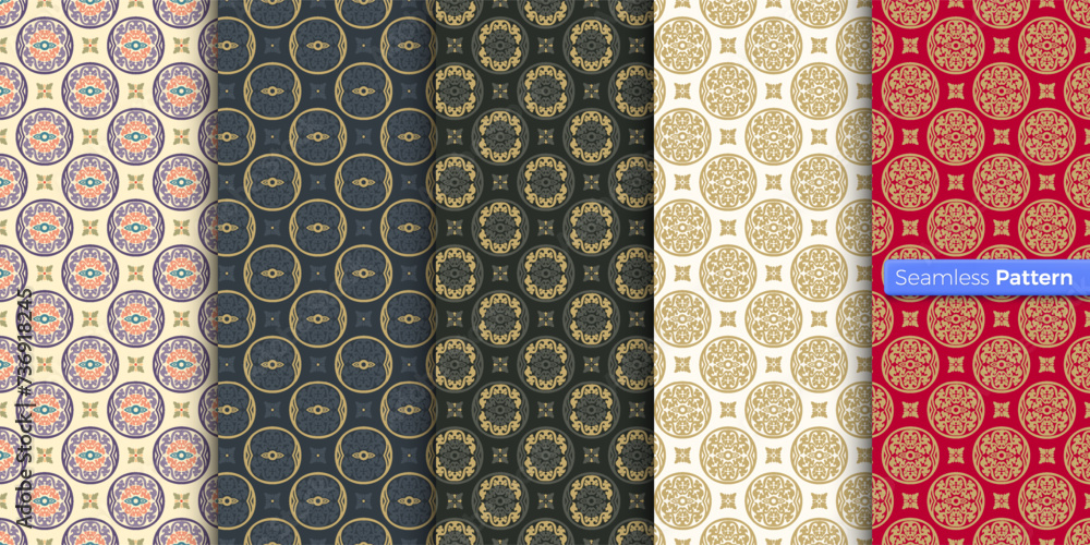 Fototapeta premium Chinese Japanese style geometric pattern. colors background. contemporary art. symmetric. minimal style. For wallpaper, wrapper, textiles, fabric, clothes, souvenirs, surface. Seamless pattern vector.