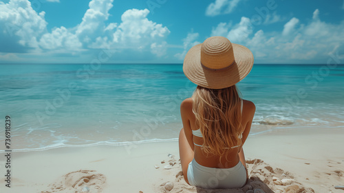 Beautiful young woman in hat sitting on the beach and looking at the sea © D-Stock Photo