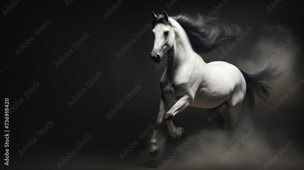 a black and white photo of a horse galloping through the air with its front legs in the air and it's rear legs in the air.