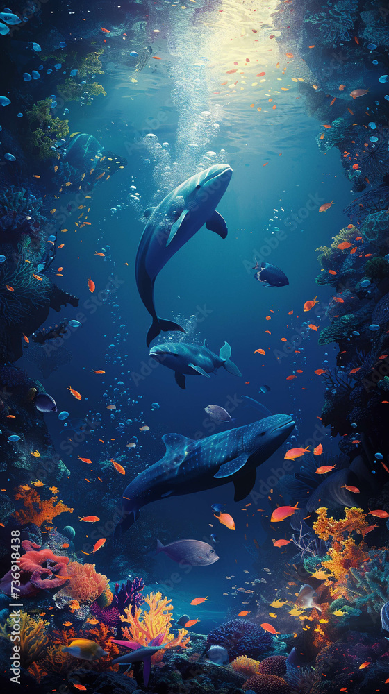 Fototapeta premium underwater concert with sea creatures as the audience lit by deep sea lights