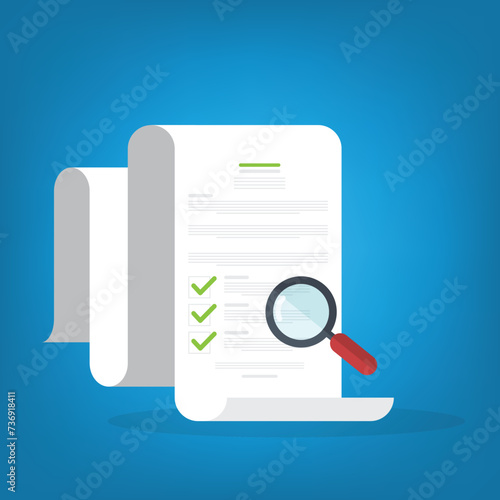 	Document inspection or assessment evaluation on laptop computer, contract review, analysis, inspection of agreement contract, compliance verification. Vector illustration.	