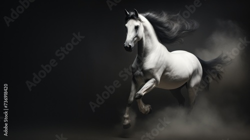 a black and white photo of a horse galloping through the air with its front legs in the air and it s rear legs in the air.