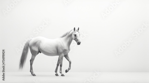 a black and white photo of a horse in the middle of a white room with a white wall in the background.