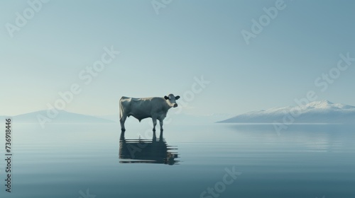 a cow is standing in the middle of a body of water with a mountain range in the distance in the distance. © Anna