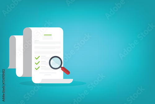  Document inspection or assessment evaluation on laptop computer, contract review, analysis, inspection of agreement contract, compliance verification. Vector illustration. 