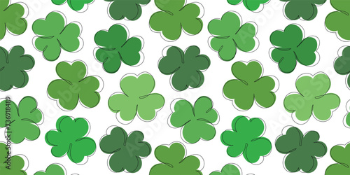 Clover outline seamless pattern. St. Patrick s Day background. Vector background with shamrock. Sample symbol of Ireland. Green grass clover pattern background.