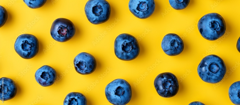 Electric blueberries are arranged in a circular pattern on a vibrant yellow background, creating a closeup recreation of a pollinator attracting organism Electric blueberries are arranged in a circular pattern on a vibrant yellow background, creating a closeup recreation of a pollinator attracting organism