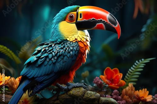stylist and royal Tropical Bright Toucan Bird. High quality 3d illustration  space for text  photographic