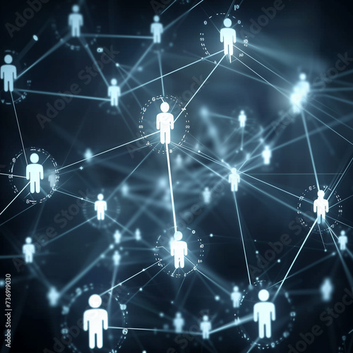 Abstract People Icons Forming a Network Connection Concept. Digital Social Media, Community Interaction, or Technological Connectivity Visual with Glowing Nodes and Dynamic Links on Dark Background