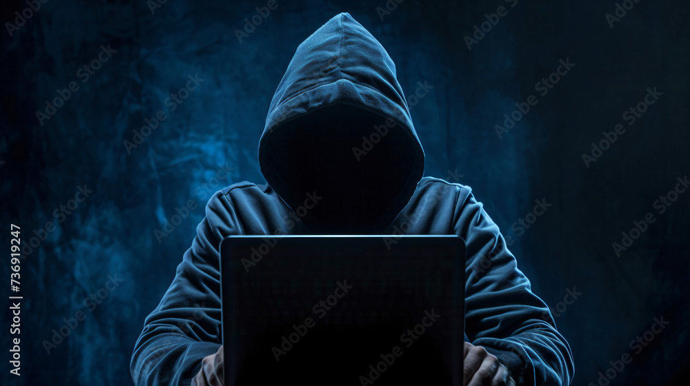 Computer Hacker in Hoodie. Obscured Dark Face. Hacker Attack, Virus Infected Software, Dark Web and Cyber Security Concept . Computer Hacker in Hoodie. Obscured Dark Face. Hacker Attack, Virus Infected Software, Dark Web and Cyber Security Concept .