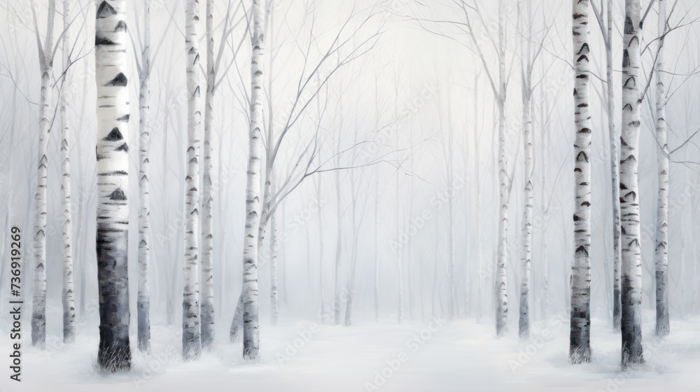 Fototapeta premium a painting of a snow covered forest with trees in the foreground and a foggy sky in the background.