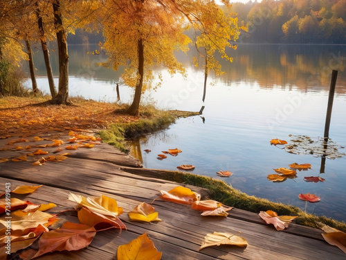 Autumn landscape with lake and colorful leaves on the wooden boardwalk