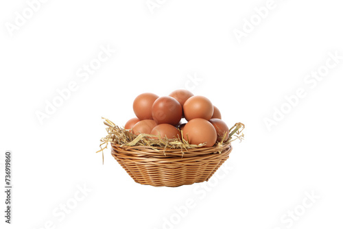 PNG, eggs in a round basket, isolated on white background.