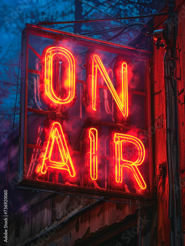 Classic 'ON AIR' illuminated sign in bold red letters indicating live broadcast or recording in progress in a radio, television studio or podcast