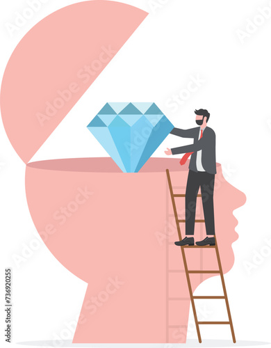 Self-discovery , succeed finding valuable diamond inside his head, finding yourself searching for self value vector illustrator

