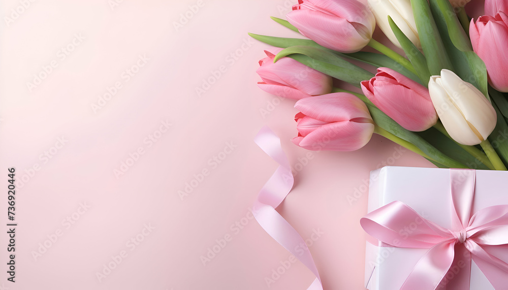 Bouquet of tulips and gift box on pink background.