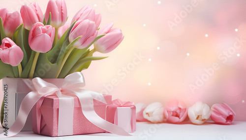 Bouquet of pink tulips and gift box on white table and pink background