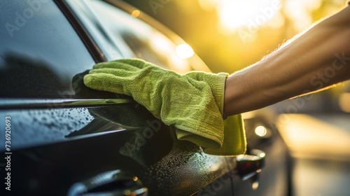 A man cleaning a car with a microfiber cloth, car detailing concept