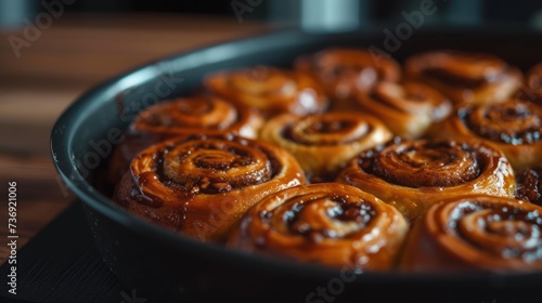 a pan filled with cinnamon rolls sitting on top of a wooden table next to a plate of food on top of a wooden table.
