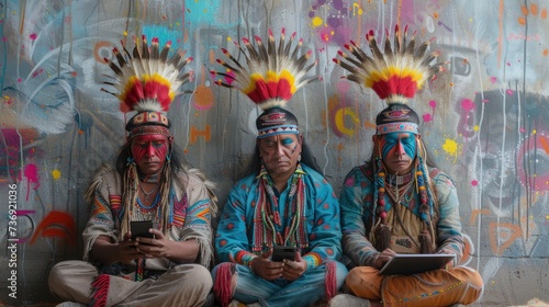 The modern Native American Indian uses gadgets. traditional attire and customs