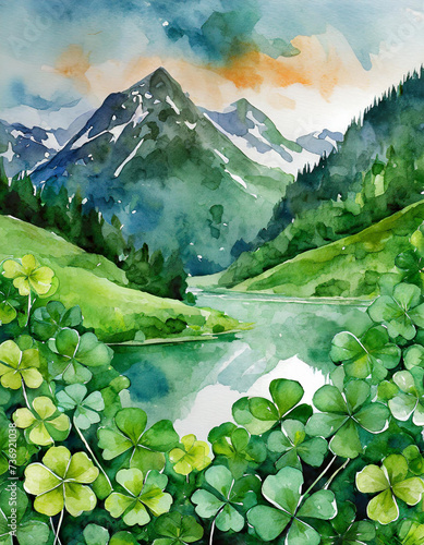 Watercolor illustration of green clover leaves and mountains in the background for Saint Patrick's Day concept photo