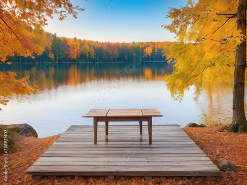Wooden table and chair on the lake in the autumn forest.