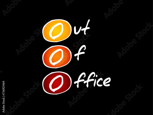 OOO Out Of Office - used in professional contexts to indicate that someone is unavailable for work, acronym text concept background