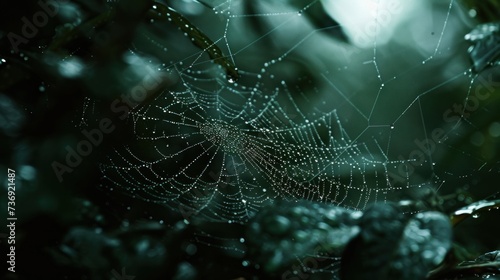 a close up of a spider web on a leafy branch with drops of water on the spider's web.