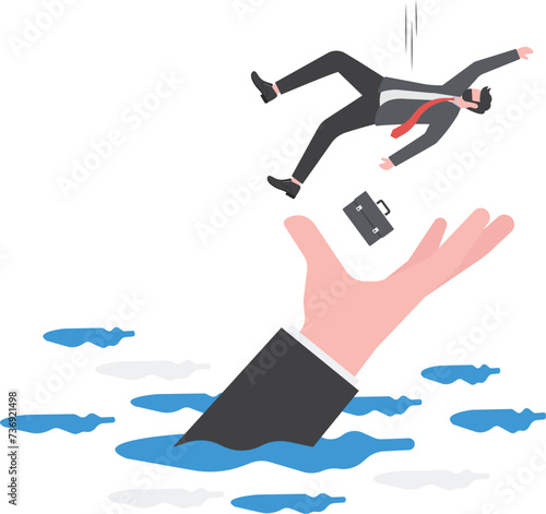 Business support, insurance or emergency money to rescue in economic crisis or investing margin of safety to protect losses concept, businessman investor falling from the sky into a soft helping hand.