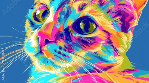 a close up of a cat's face on a blue background with a pink, yellow, and green color scheme. photo