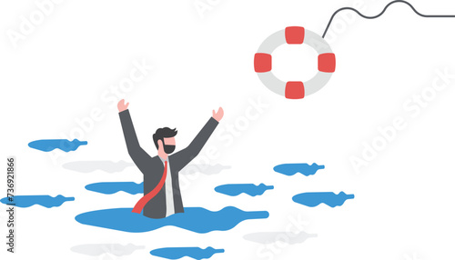 Help in crisis, life saver, rescue or business support, safe and security aid to solve problem, emergency lifebuoy concept, hopeless businessman drowning in ocean try to grab lifebuoy from safe guard.