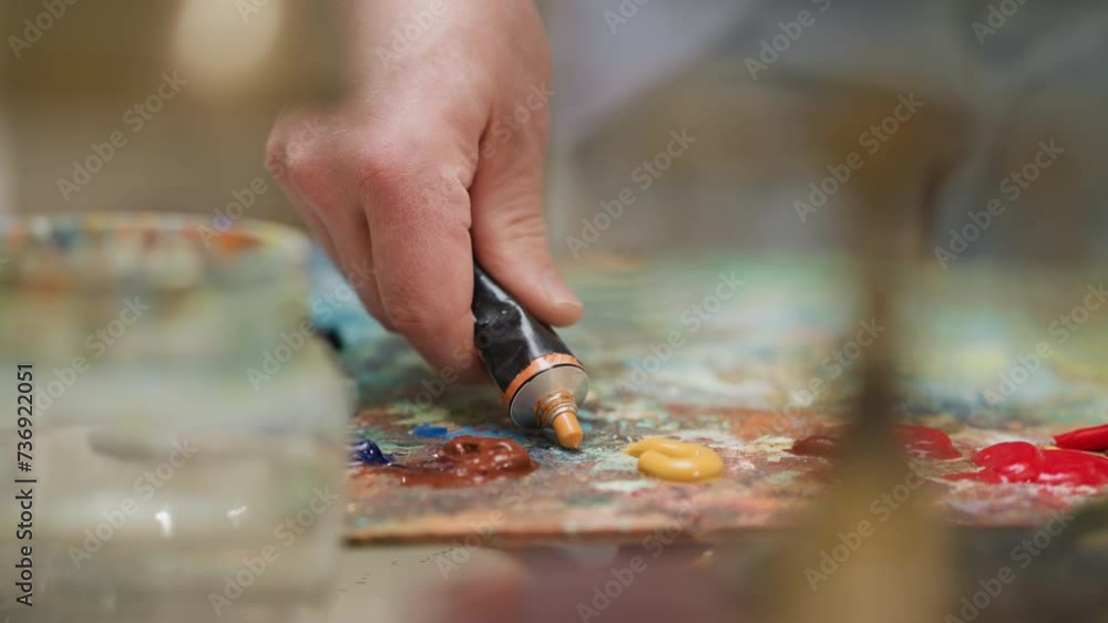 Creator squashes paint out of metal tube at desk closeup. Skilled artist squeezes out orange acrylic pigment for artwork in shop. Painter supplies Creator squashes paint out of metal tube at desk closeup. Skilled artist squeezes out orange acrylic pigment for artwork in shop. Painter supplies