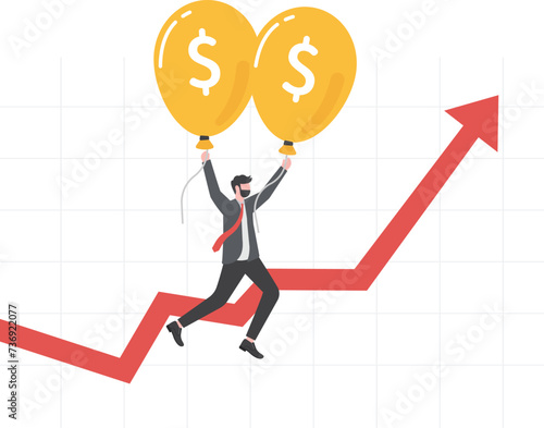Interest rate hike due to inflation percentage rising up Inflation and monetary policy concepts, Businessman investors flying with dollar symbol balloons.

