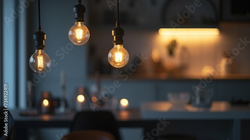 a group of light bulbs hanging from a ceiling in a room with a table and chairs in front of it. © Anna