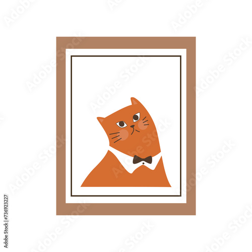 Vector portrait of funny ginger cat in a bow tie isolated on a white background. A painting of domestic animal in a frame. Cute cartoon pet.