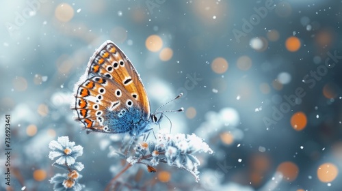 a close up of a butterfly on a plant with snow on the ground and boke of lights in the background. © Anna