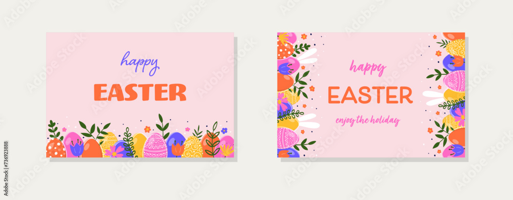 Modern Easter greeting cards set. Colourful background with hand painted eggs, bunnies and flowers. Vector illustration