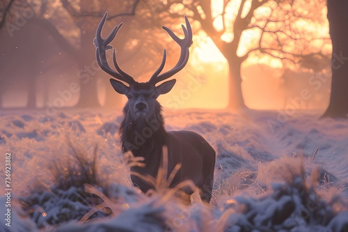  Witness the Majestic Beauty of a Deer with Large Antlers in a Snowy Sunset Field  Explore the Majestic Wildlife of Nature in a Cold Winter Landscape  Encounter the Beautiful Majesty of Wild Animals i