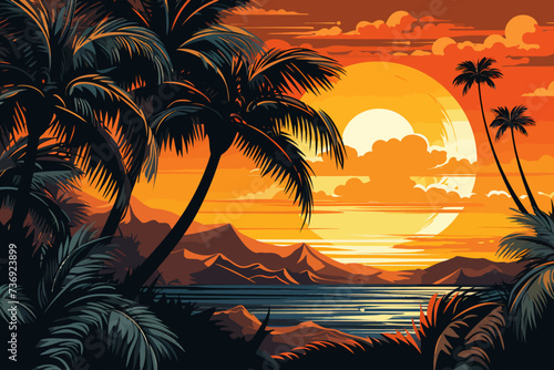 a painting of a tropical sunset with palm trees