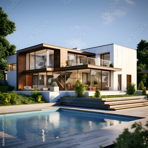 3d rendering of modern cozy house with pool and parking for sale or rent © Wazir Design