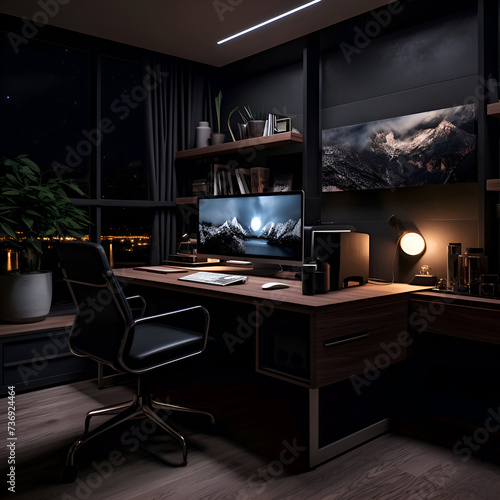 Interior of a modern office at night. 3D rendering.
